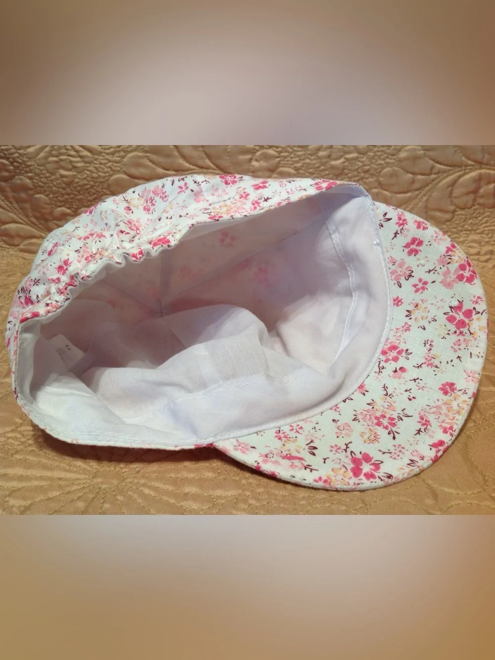 Floral Newsboy Cap White Pink Cottagecore Baker Boy Hat One Size